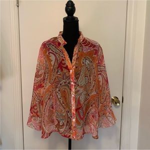 INVESTMENTS sheer, pink and orange, paisley print, flowing blouse #32